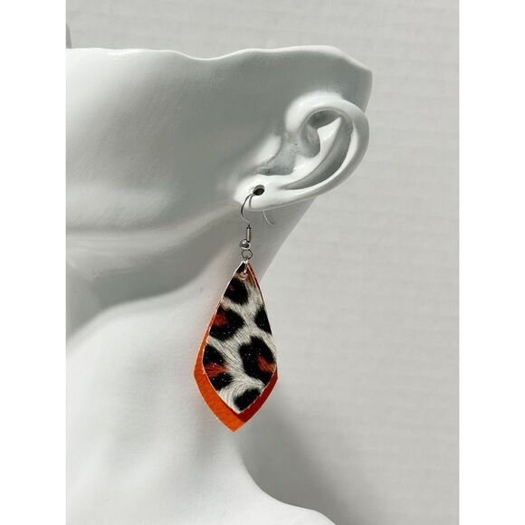 Leopard Print Vegan Leather Dangle & Leopard Stud Earrings Orange 2 Pairs Set - Picture 3 of 7